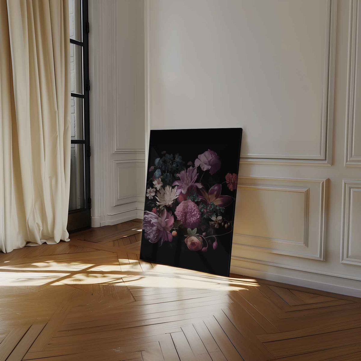 Bloemenexplosie in Donkere Zalen – dibond kunstwerk als wanddecoratie