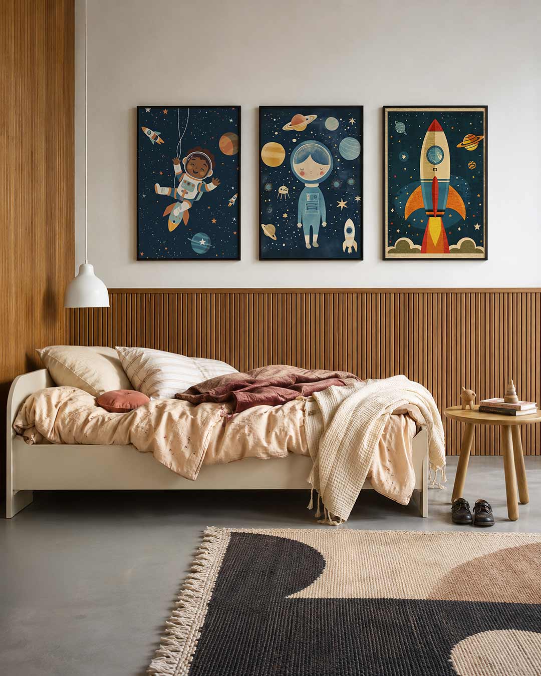 Ruimteavontuur driedelige posterset – een vrolijke astronaut zweeft tussen sterren en planeten