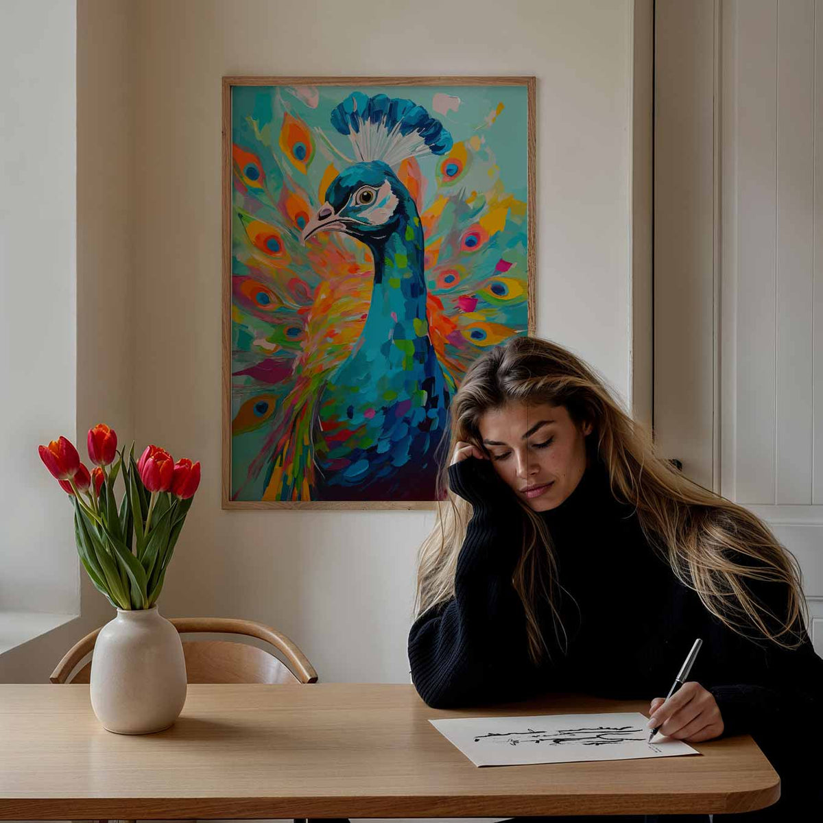 Kleurrijke Pauwenpracht – staande dieren wanddecoratie van WallArtistic