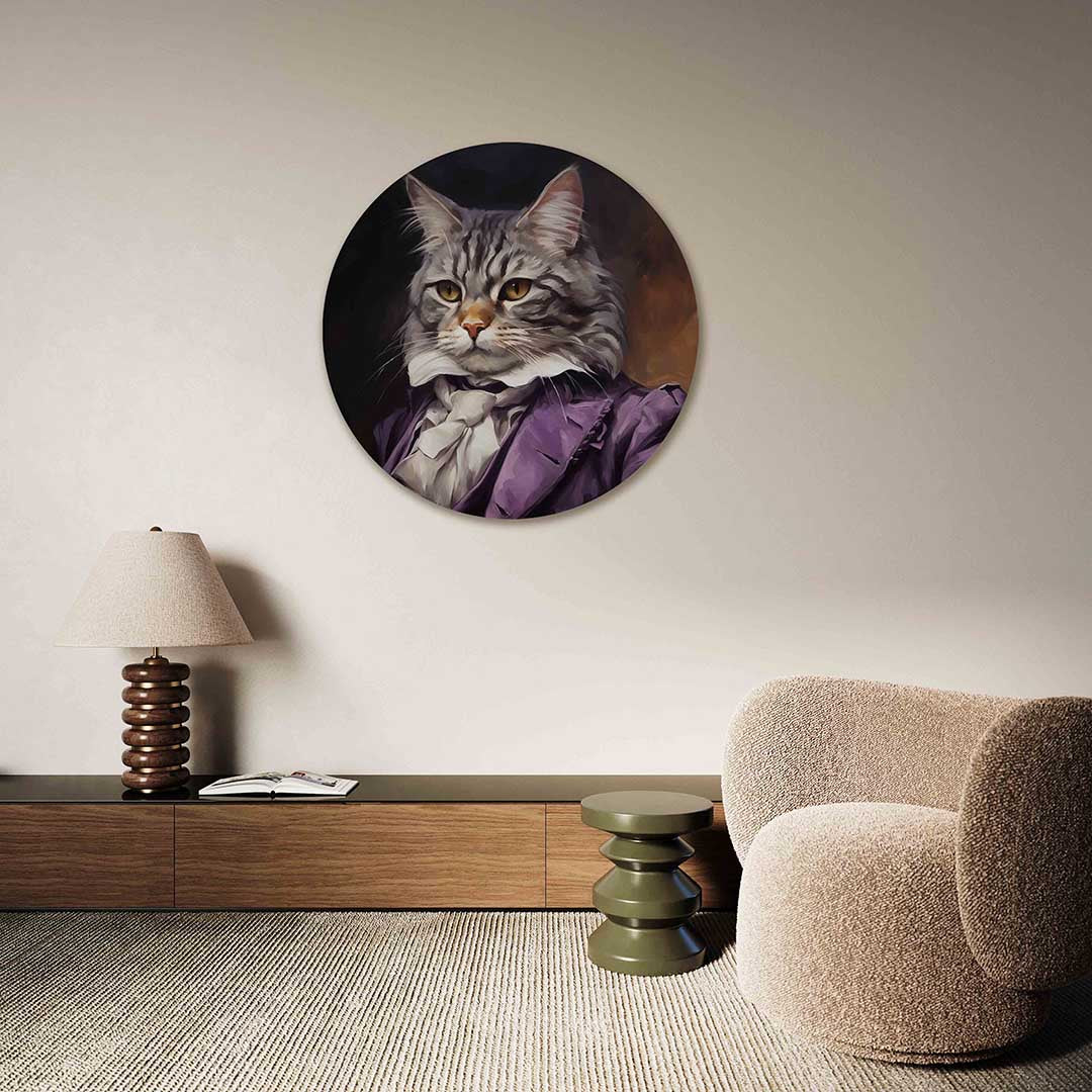 Kat in paarse jas – abstracte muurcirkel als ronde wanddecoratie