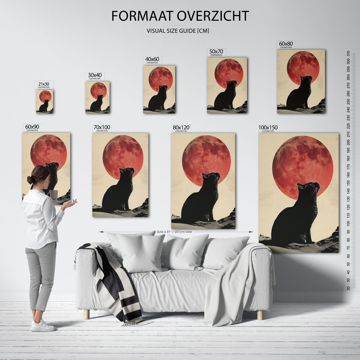 Kat en rode maan – staande muurposter met surrealistische uitstraling