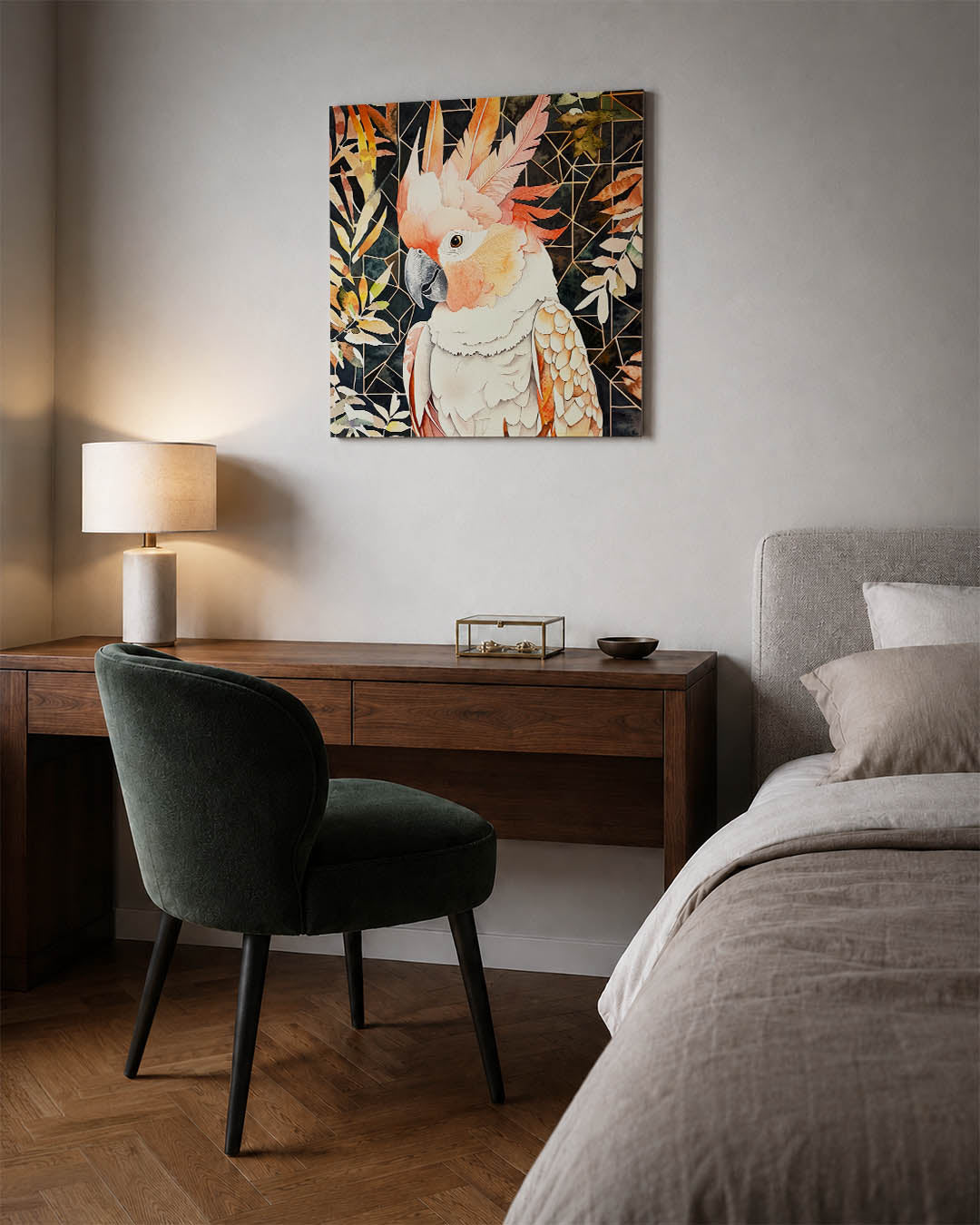 Vogels en geometrie kunstwerk – materiaalweergave – dit kunstwerk toont een vogel met levendige oranje en beige tinten tegen