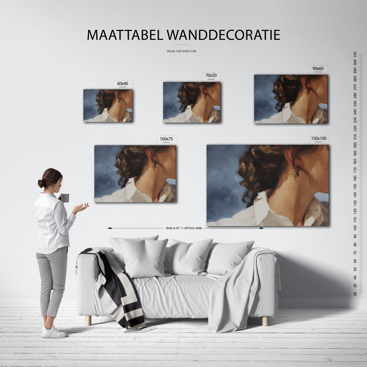 Portret in blauwtinten – moderne liggende wanddecoratie