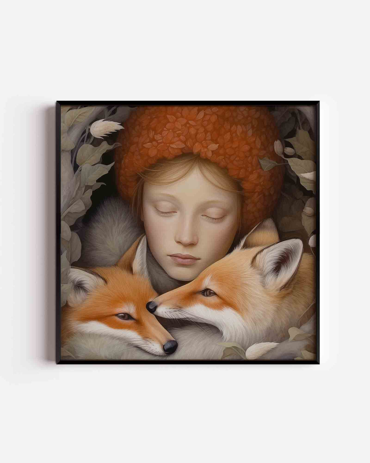 Meisje met vossen – vierkante kinderposter als wanddecoratie