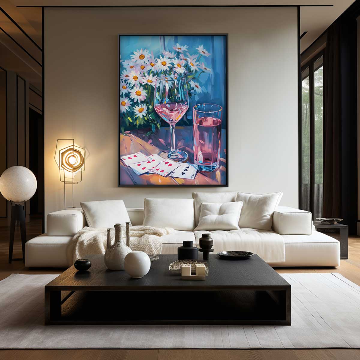 Zomerse Sferen met Glazen en Madeliefjes – canvas wanddecoratie in portret formaat
