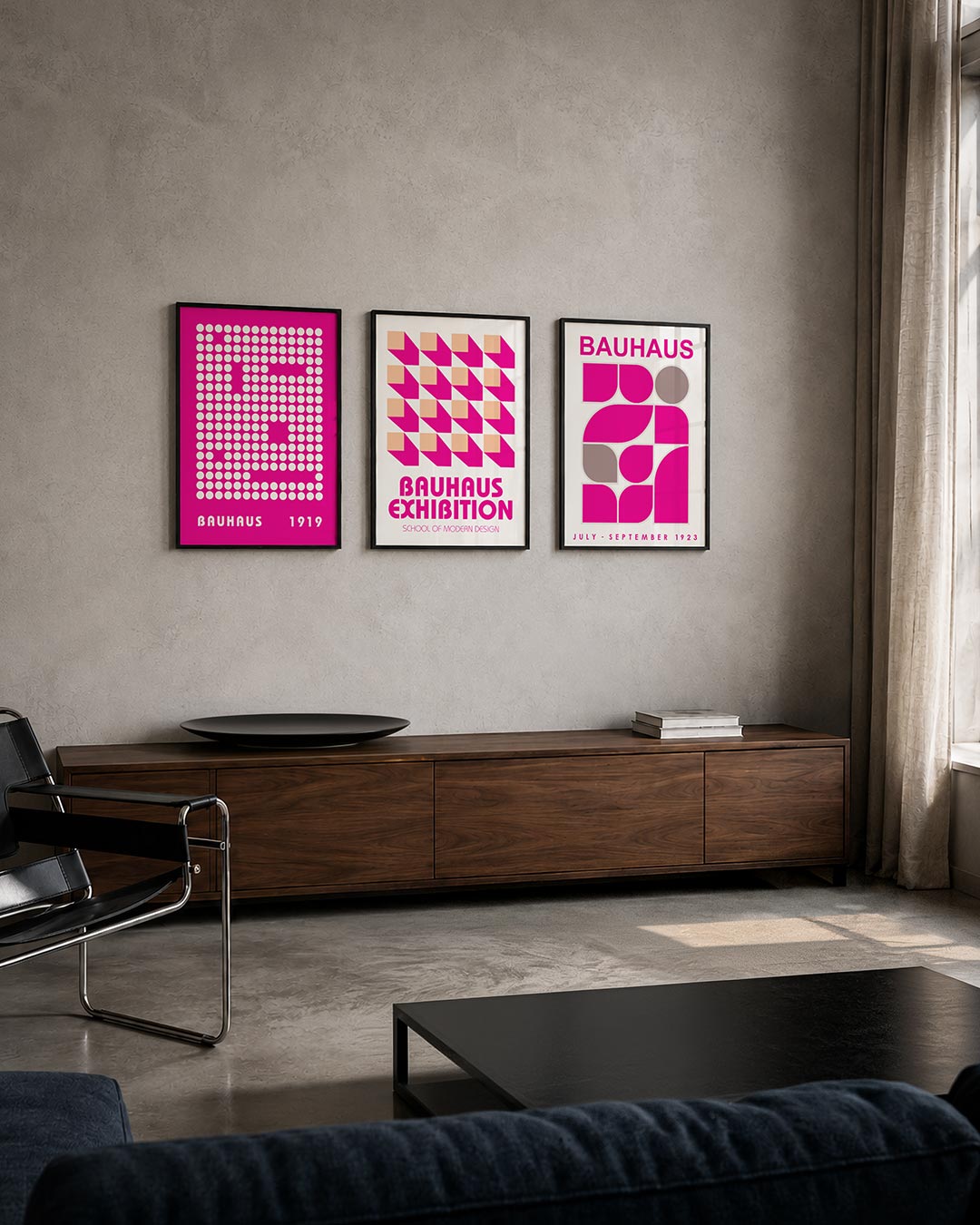 Cirkelpatroon ritme driedelige posterset – deze posterset in drie delen toont een levendig spel van witte cirkels op een