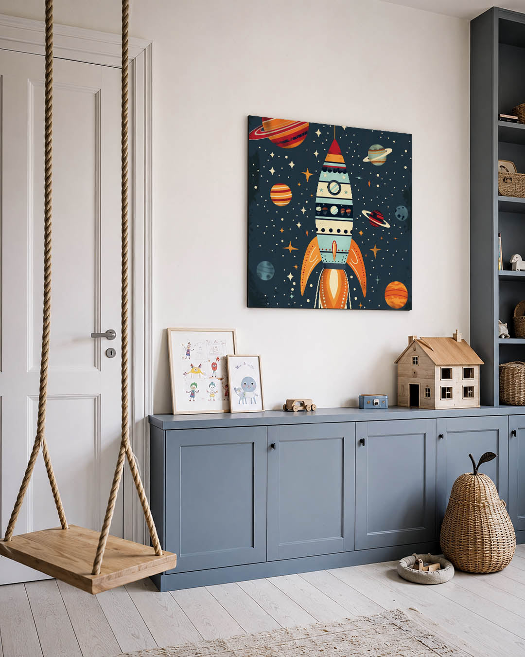 Ruimtevaart kunstwerk – vierkante wanddecoratie – dit werk toont een kleurrijke raket omringd door planeten en sterren. De