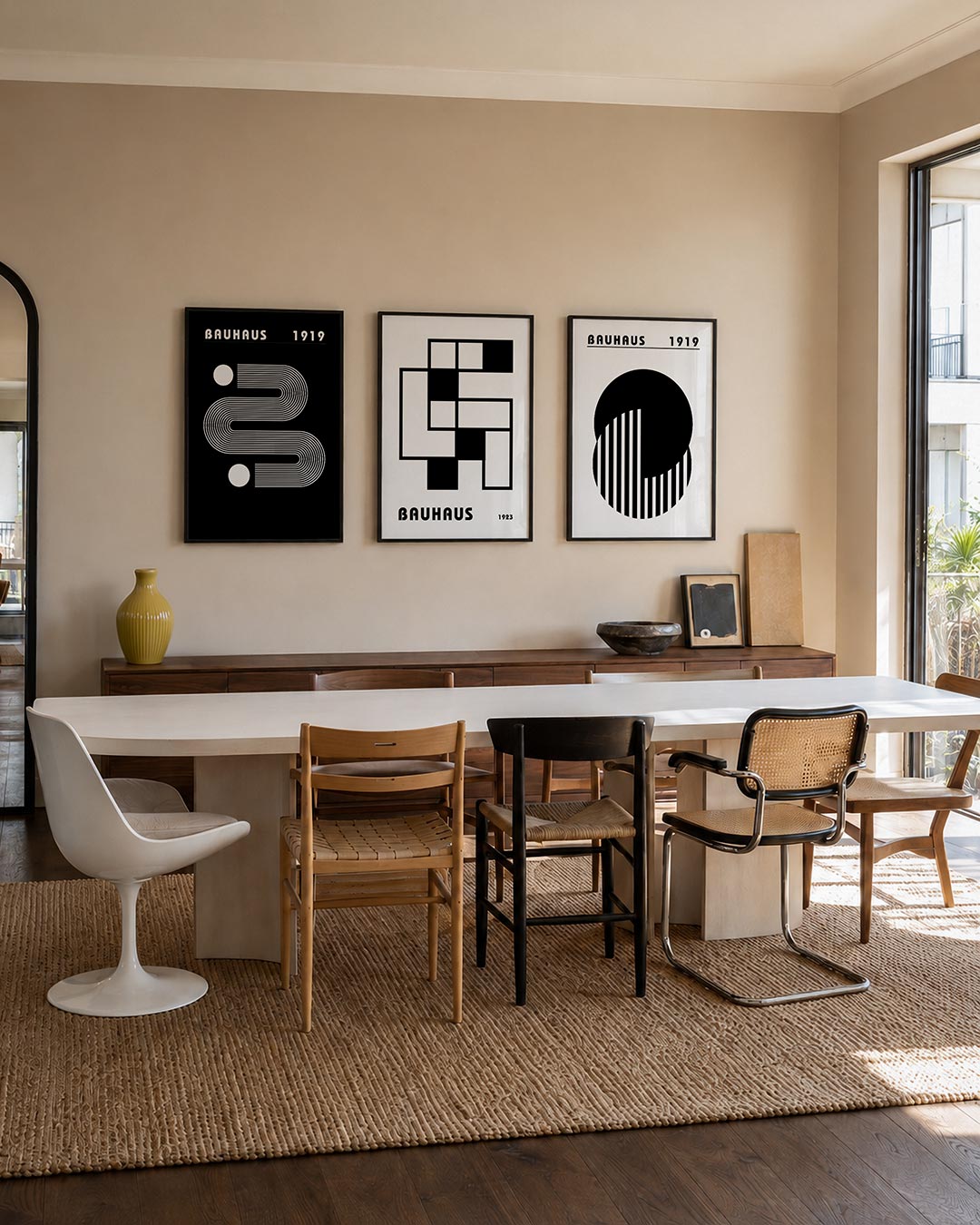 Lijnen en cirkelspel driedelige posterset – deze posterset in drie delen toont een dynamisch lijnenspel met witte cirkels op