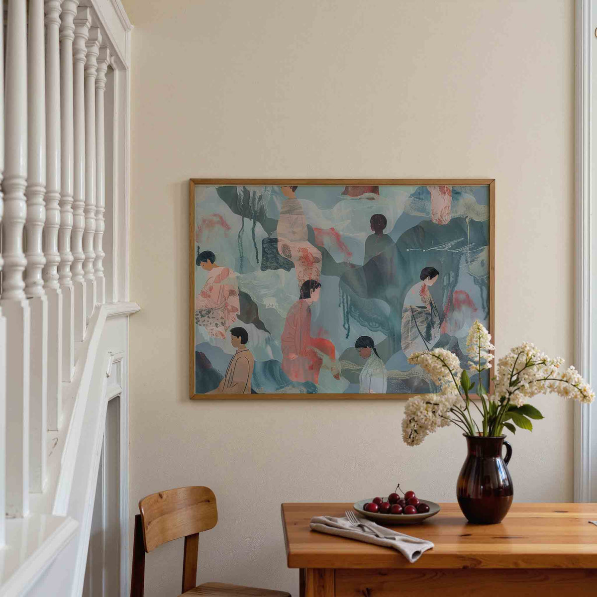 Figuren in blauwe tinten – liggende illustratie poster als wanddecoratie