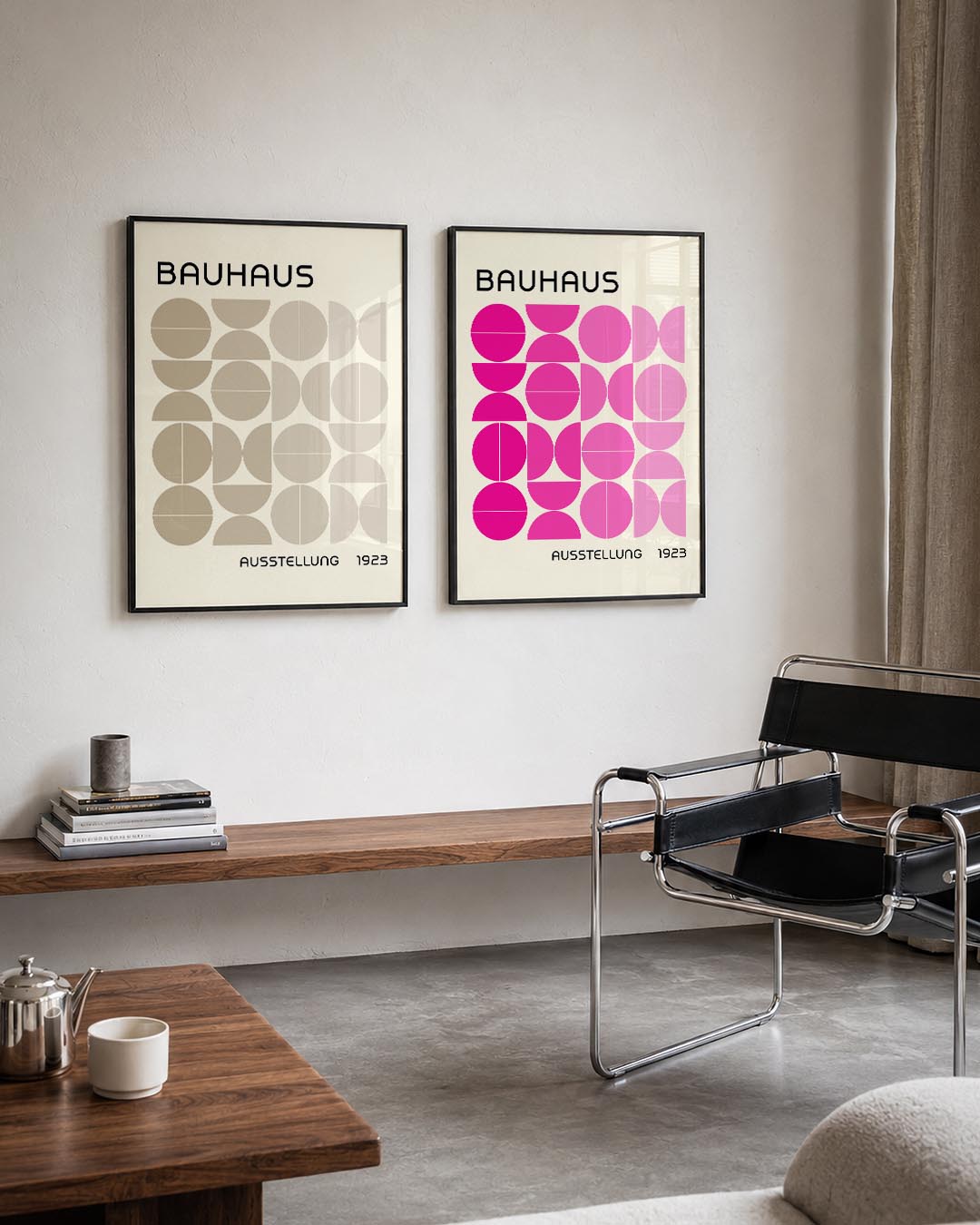 Vorm en balans Posterset-Bauhaus-geïnspireerde geometrische posters in een modern interieur
