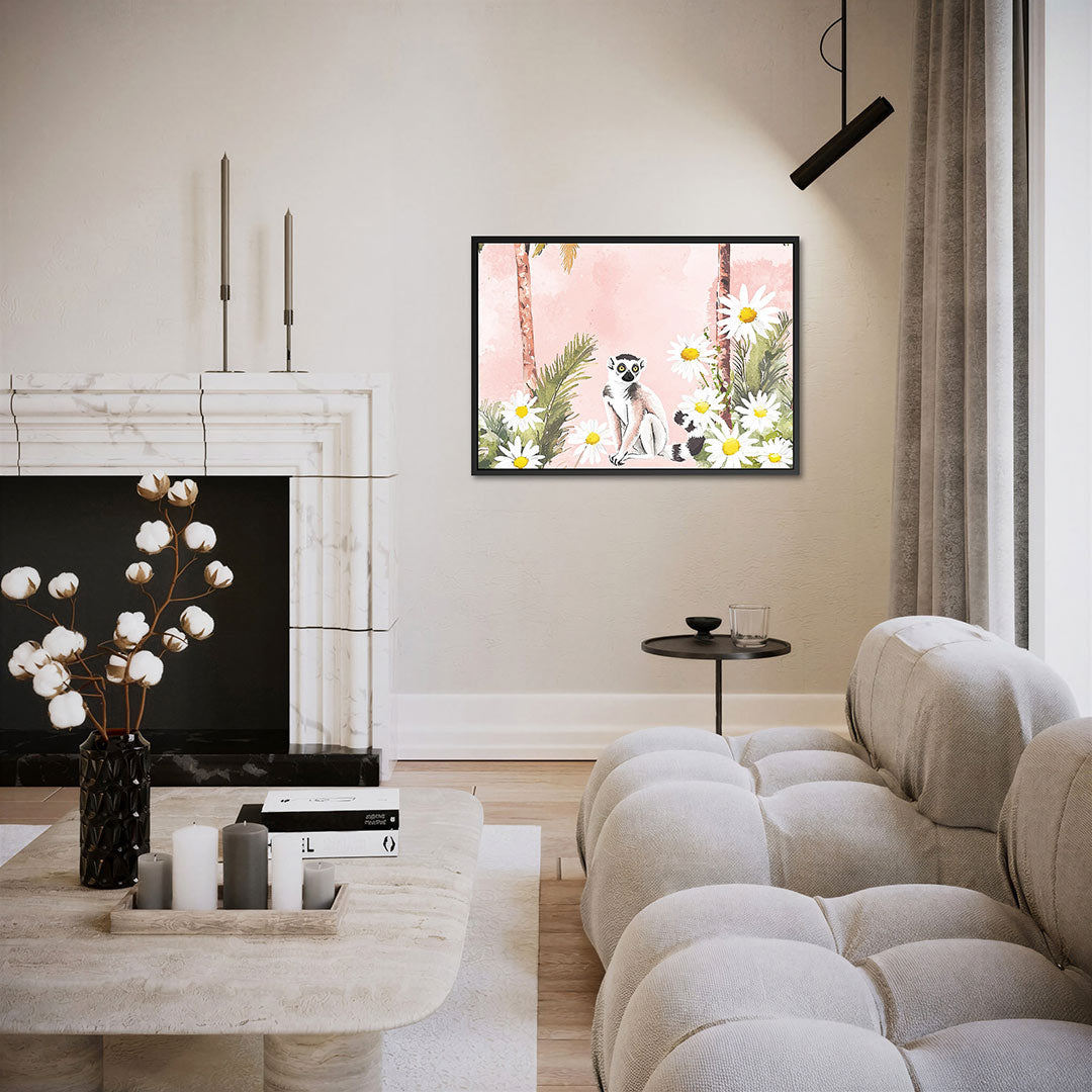 Lemur en bloemen – liggende wanddecoratie