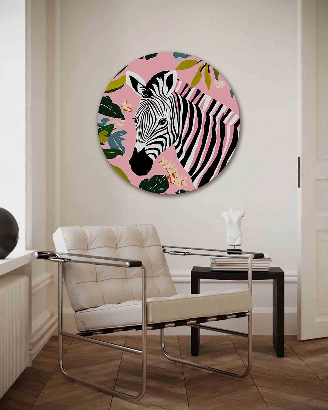 Zebra en bladeren – kleurrijke illustratie muurcirkel als wanddecoratie