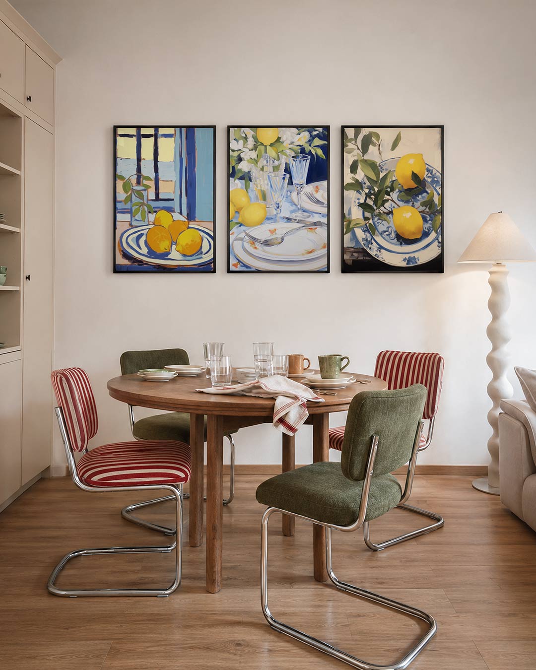 Citroenen en blauw driedelige posterset – heldere gele citroenen op een gestreept bord, omlijst door