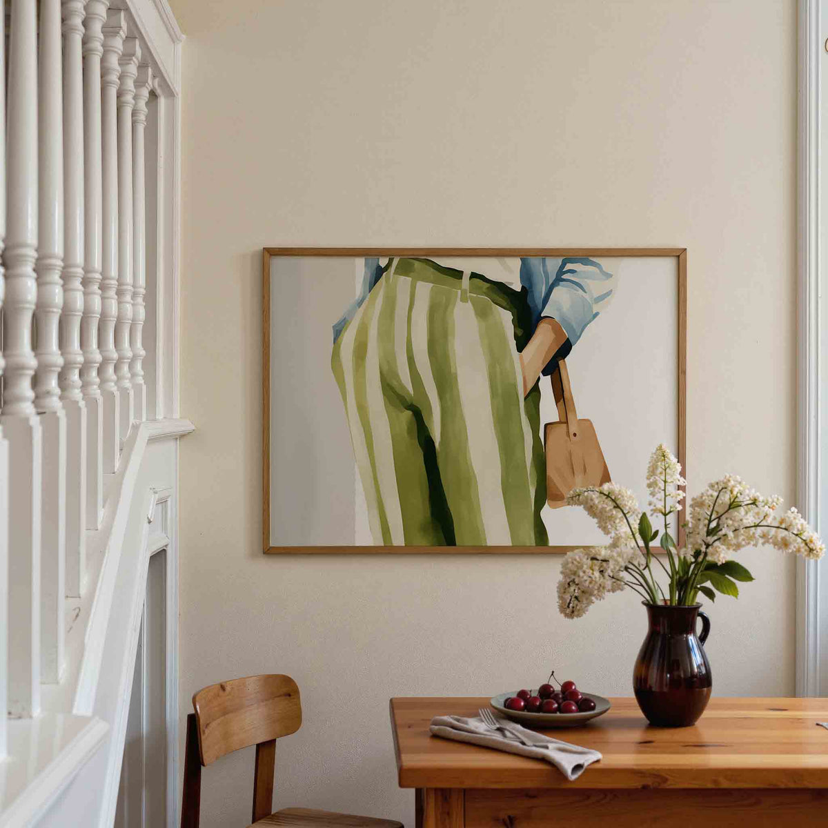 Gestreepte broek en tas – liggende illustratie poster als wanddecoratie