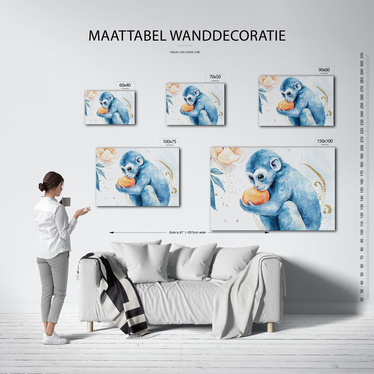 Dromerige blauwe aap – kunstwerk op canvas, dibond of plexiglas