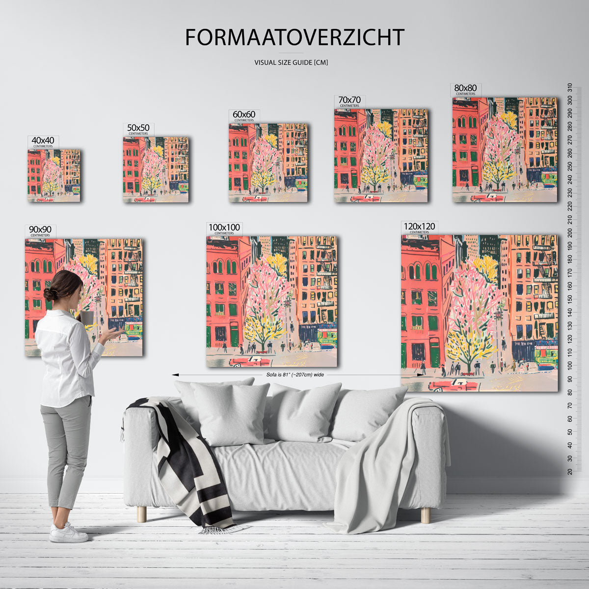 Stadsgezicht met bomen – vierkante muurposter met kleurrijke illustratie