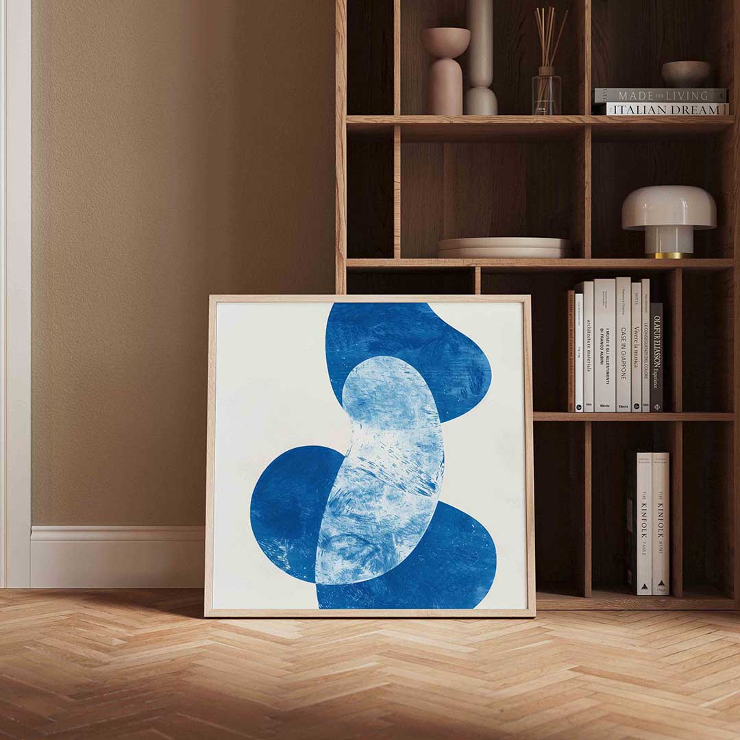 Abstracte blauwe vormen – vierkante design wanddecoratie van WallArtistic