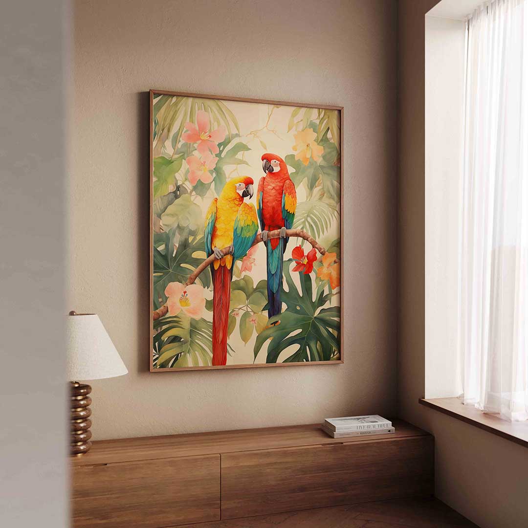 Papegaaien en bloemen – tropische wandkunst als portret poster