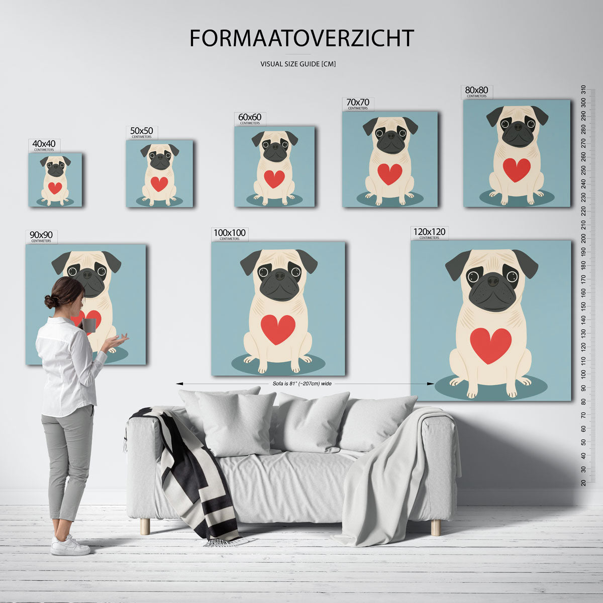 Mopshond met hart – vierkante muurposter voor de kinderkamer
