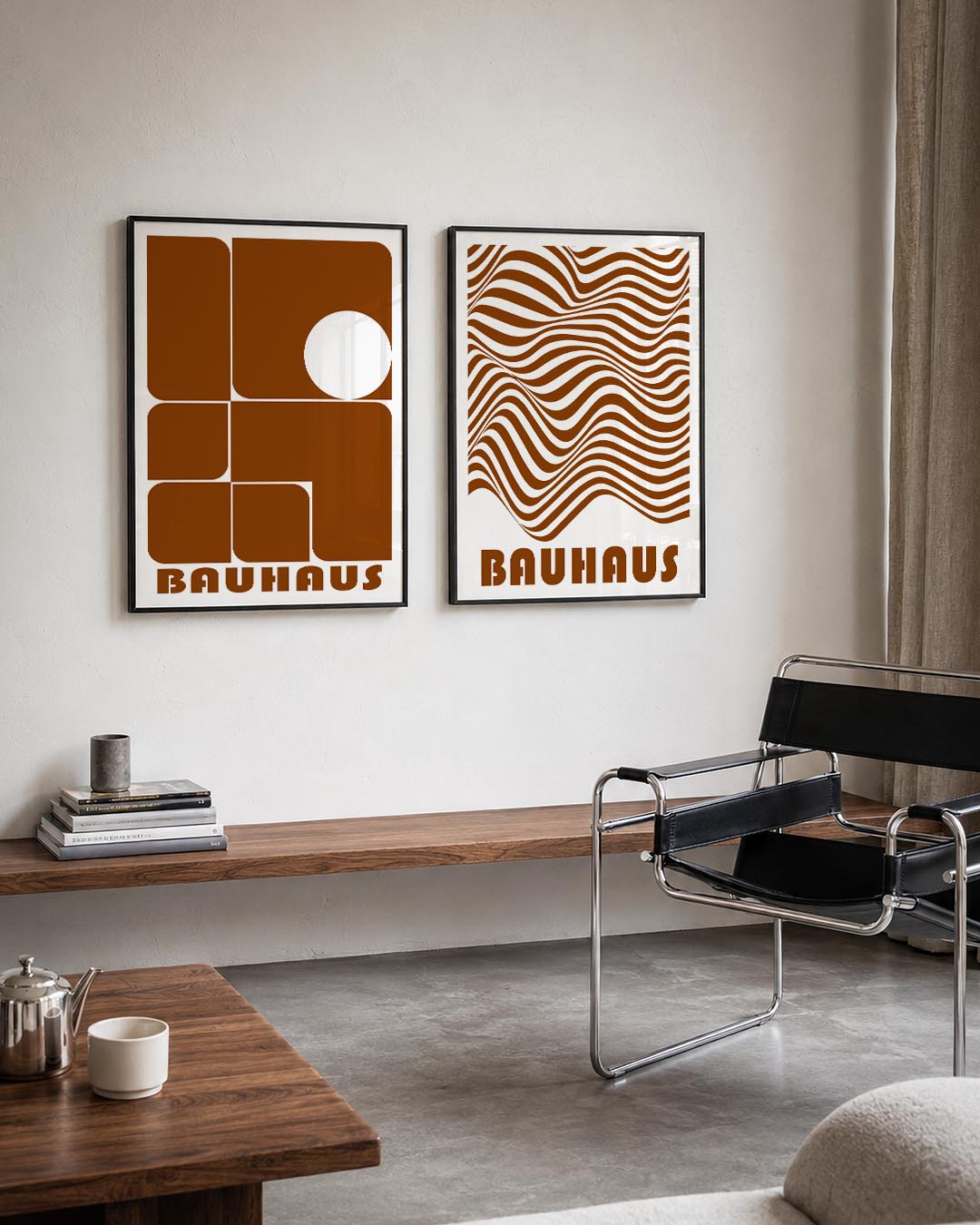 Vorm en balans Posterset-Bauhaus-geïnspireerde geometrische posters in een modern interieur