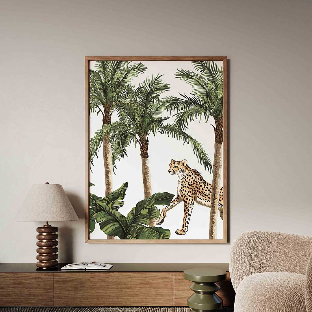 Luipaard en palmbomen – tropische jungle poster in staand formaat