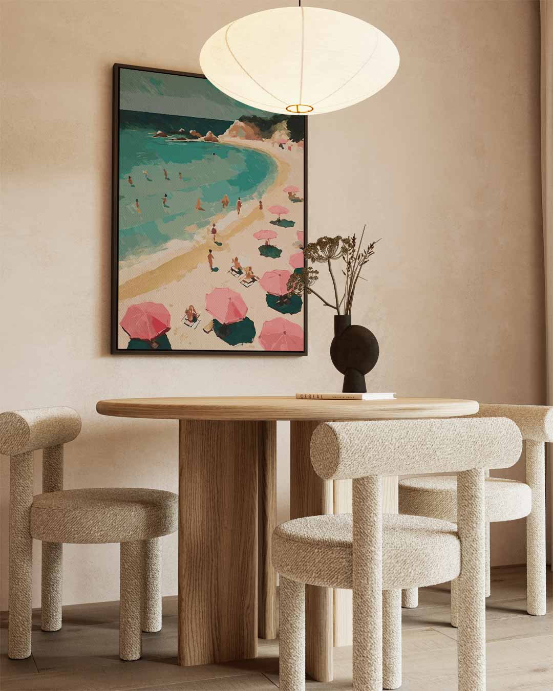 Stranddag met Roze Paraplu's – staand kunstwerk voor modern interieur