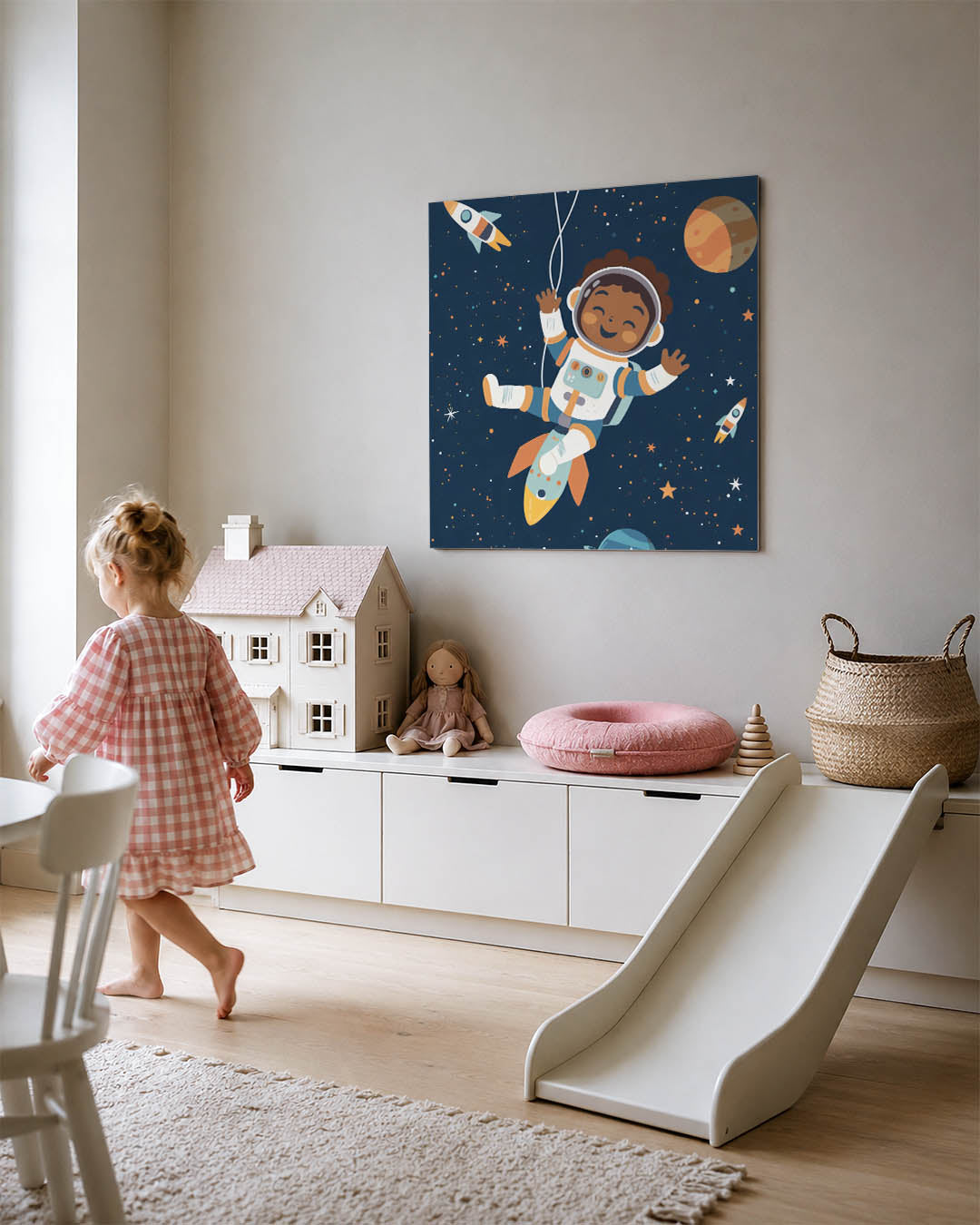 Vrolijke ruimte avontuur kunstwerk – tweede productweergave – een speels werk met een lachende astronaut zwevend tussen