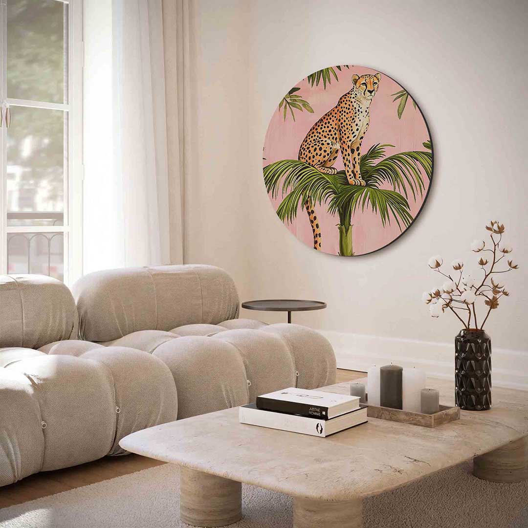 Luipaard op palm – portret muurcirkel als ronde muurdecoratie