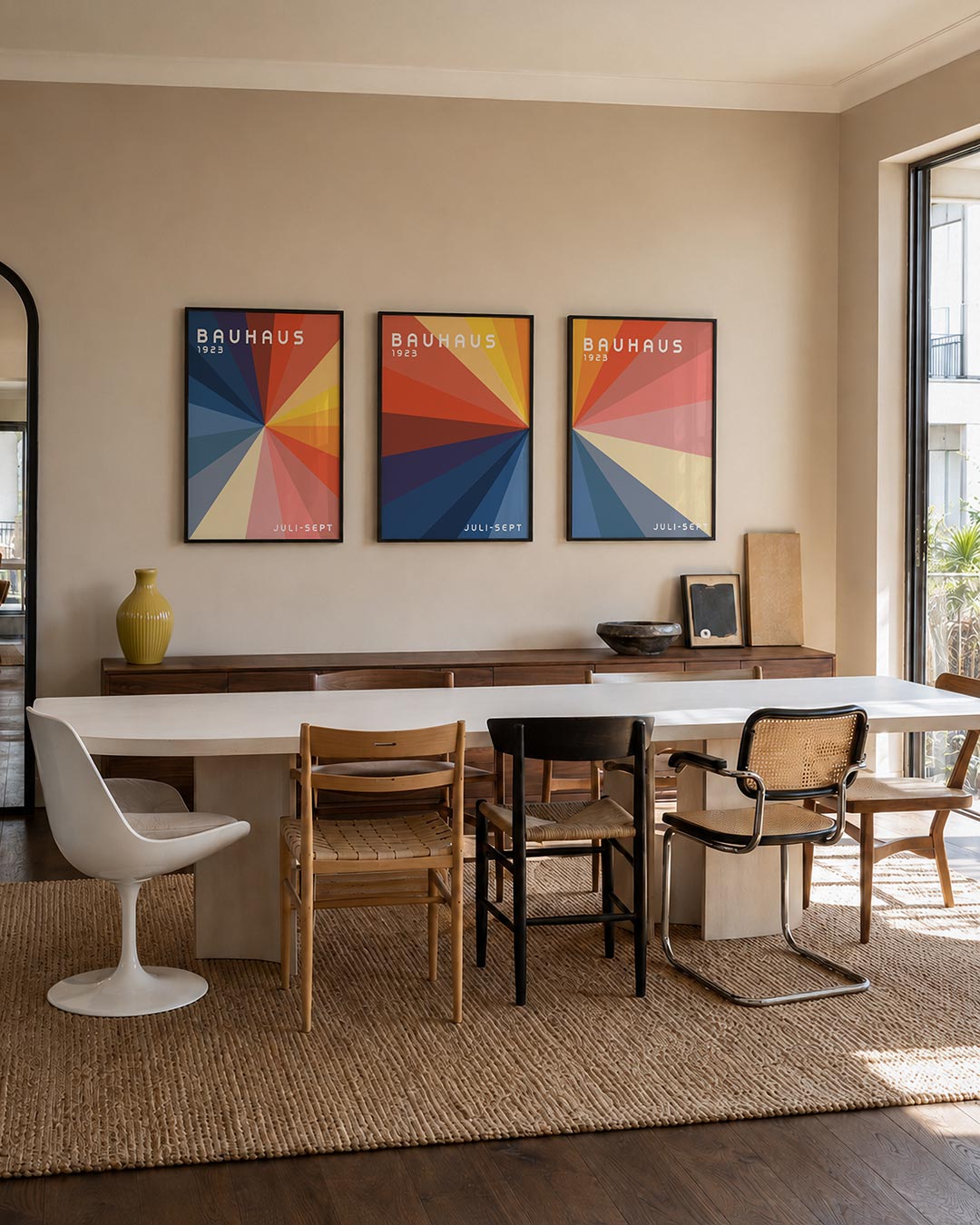 Stralende kleurvlakken driedelige posterset – deze posterset in drie delen toont een dynamisch lijnenspel van stralende