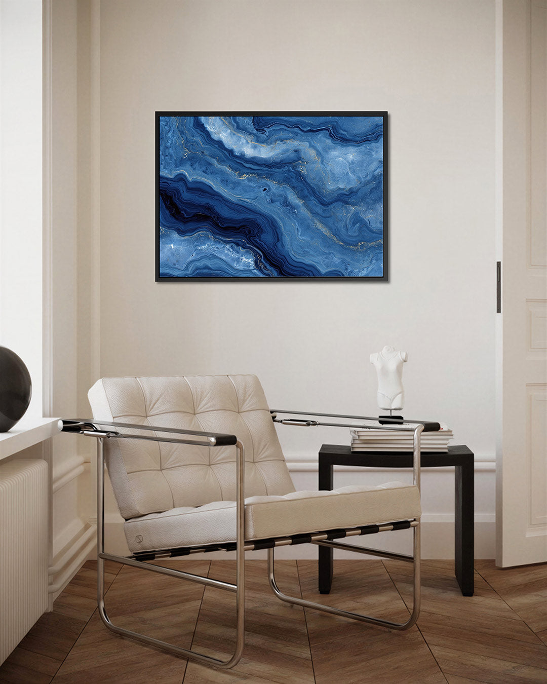 Golvende blauwe patronen – kunstwerk op canvas, dibond of plexiglas