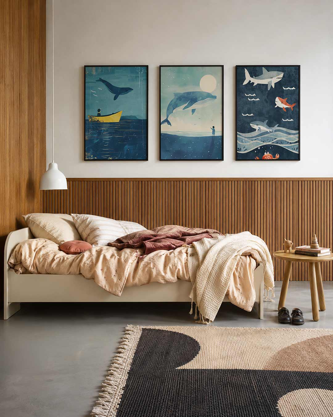 Zee en lucht driedelige posterset – een blauwe walvis zweeft boven een gele boot op een