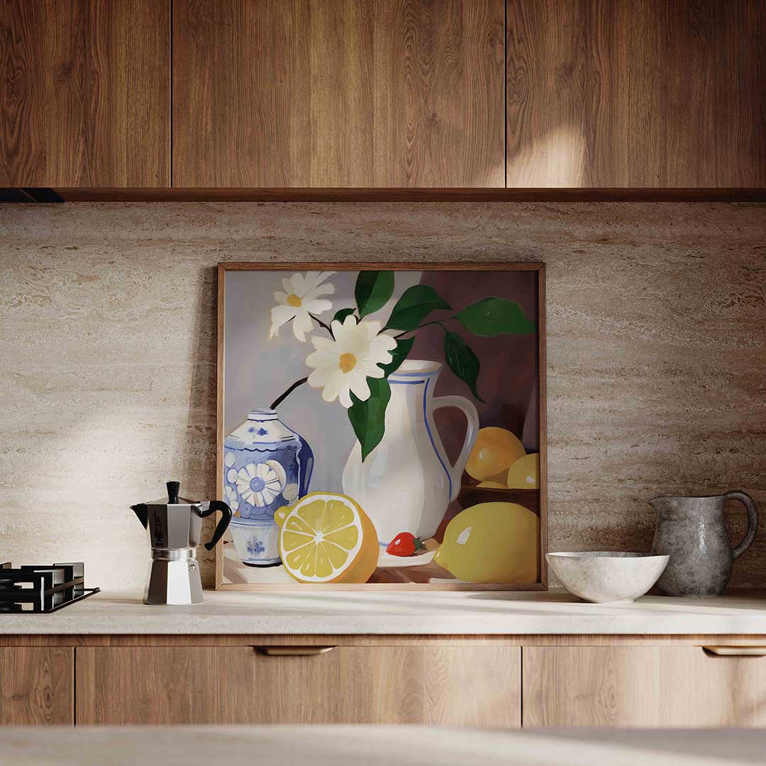Bloemen en fruit – culinaire wandkunst als vierkante poster