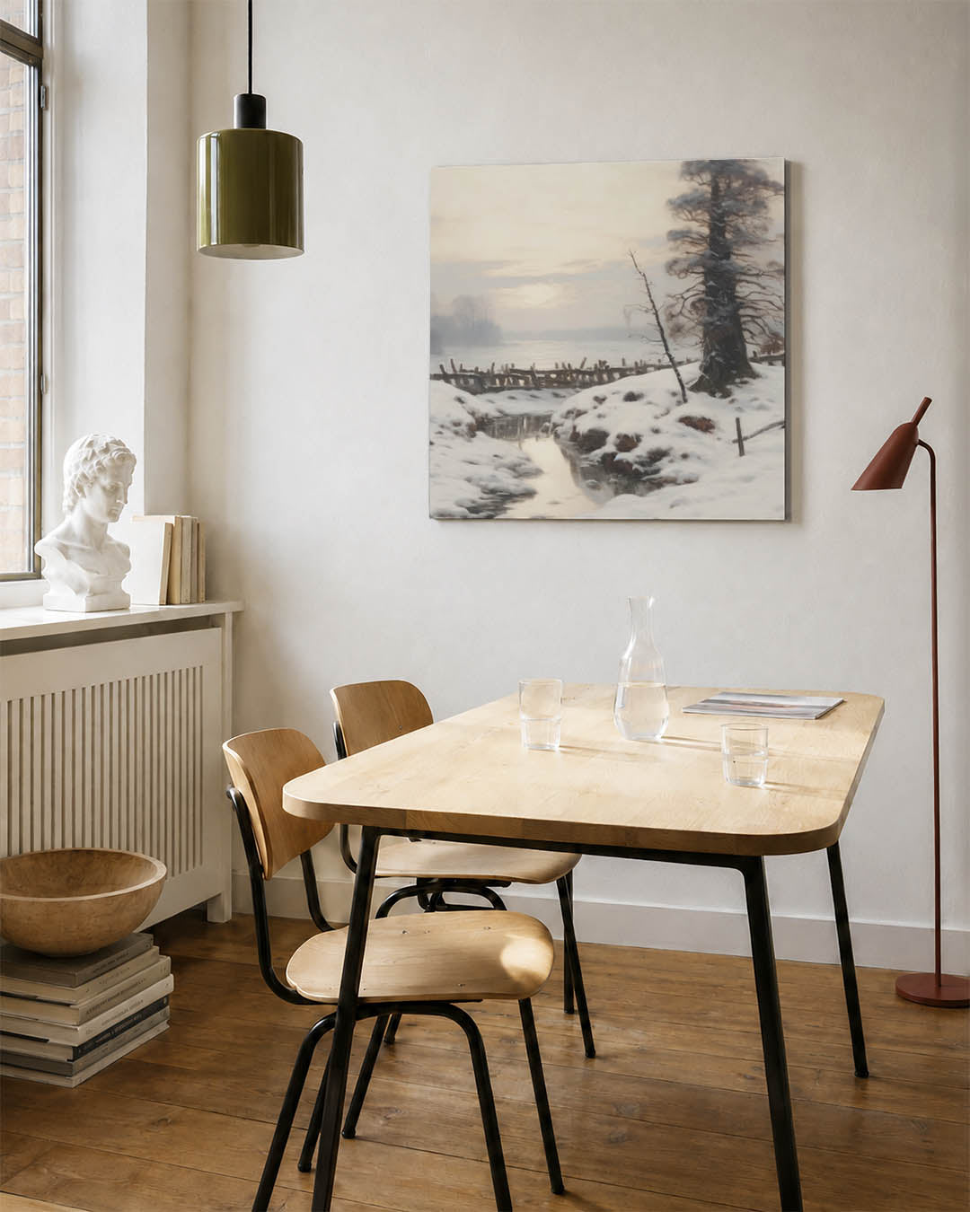 Winterlandschap met sneeuw kunstwerk – detailweergave – dit werk toont een serene winterse scène met een besneeuwd landschap