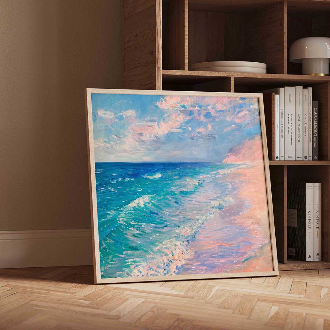 Strand en zee – geïllustreerde wandkunst als vierkante poster