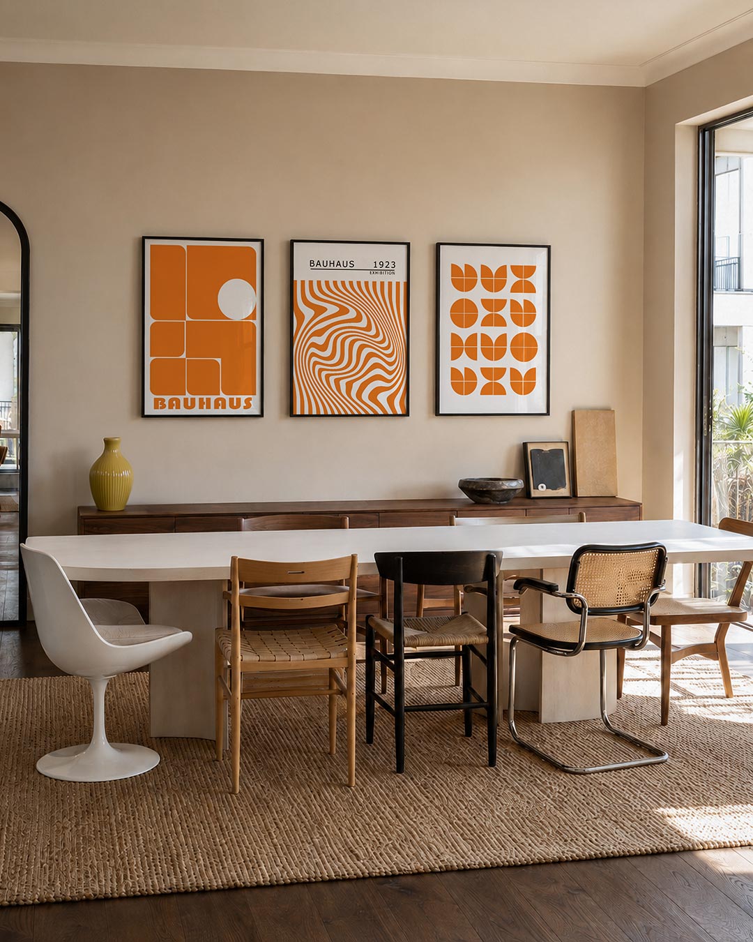 Vormen en vlakken posterset – tweede productweergave – deze posterset in drie delen toont een levendig spel van oranje