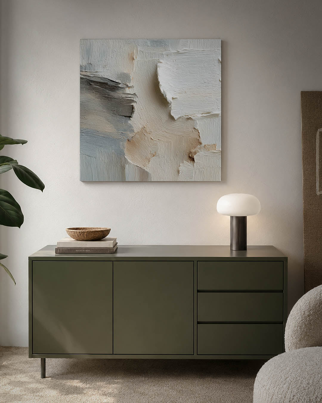 Textuur en neutraliteit kunstwerk – detailweergave – dit werk toont een subtiele mix van beige en wit met grijze accenten. De
