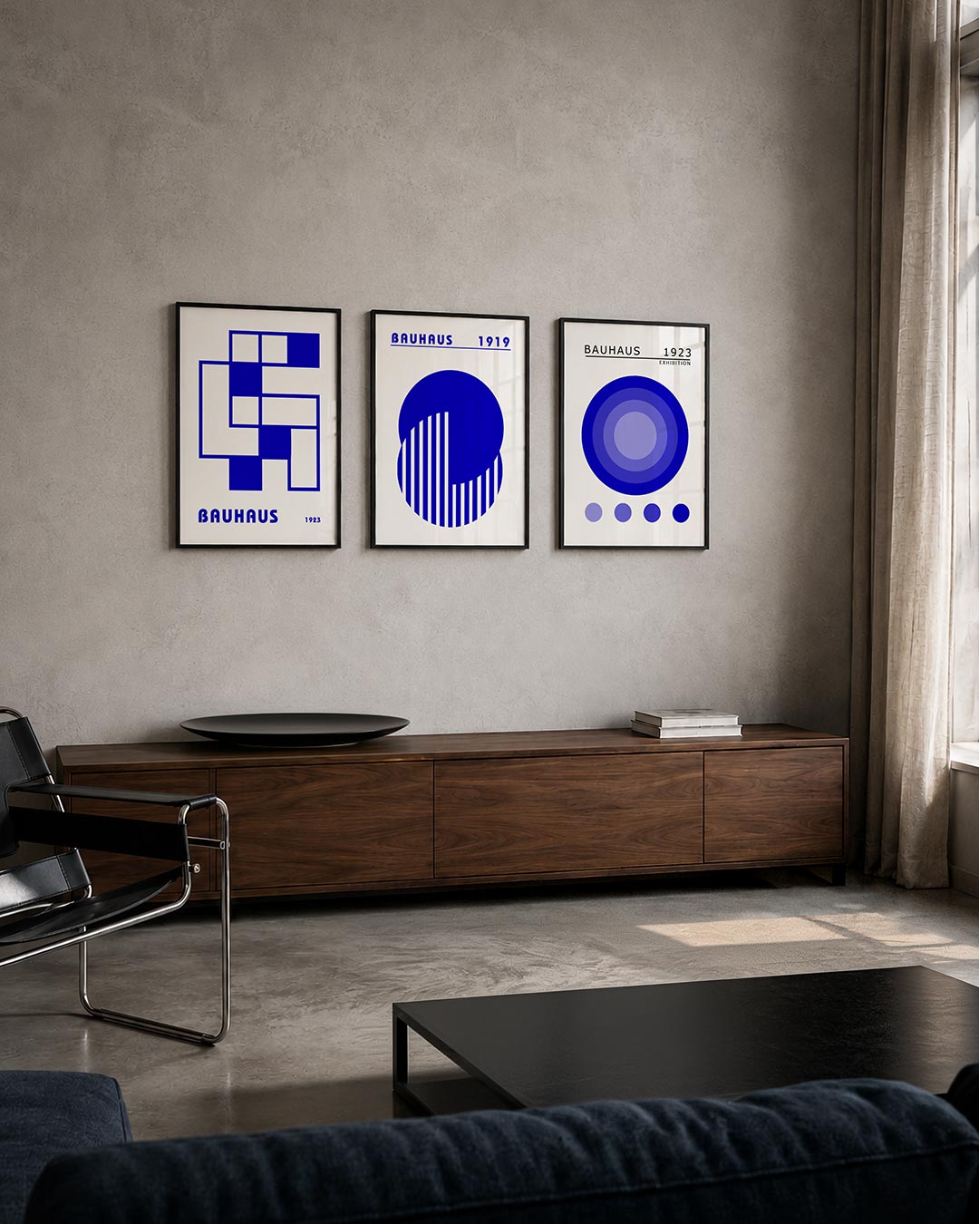 Blauw vlakspel posterset – tweede productweergave – deze posterset in drie delen toont een dynamisch lijnenspel van blauwe
