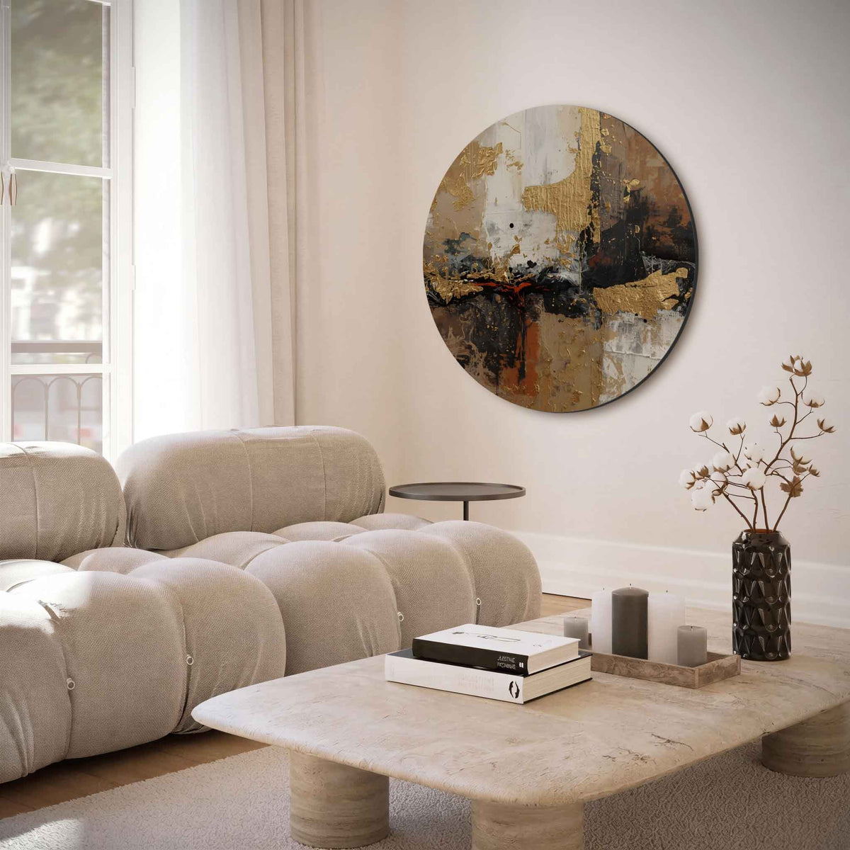 Goud en bruin abstracte – muurcirkel met abstracte texturen voor aan de muur