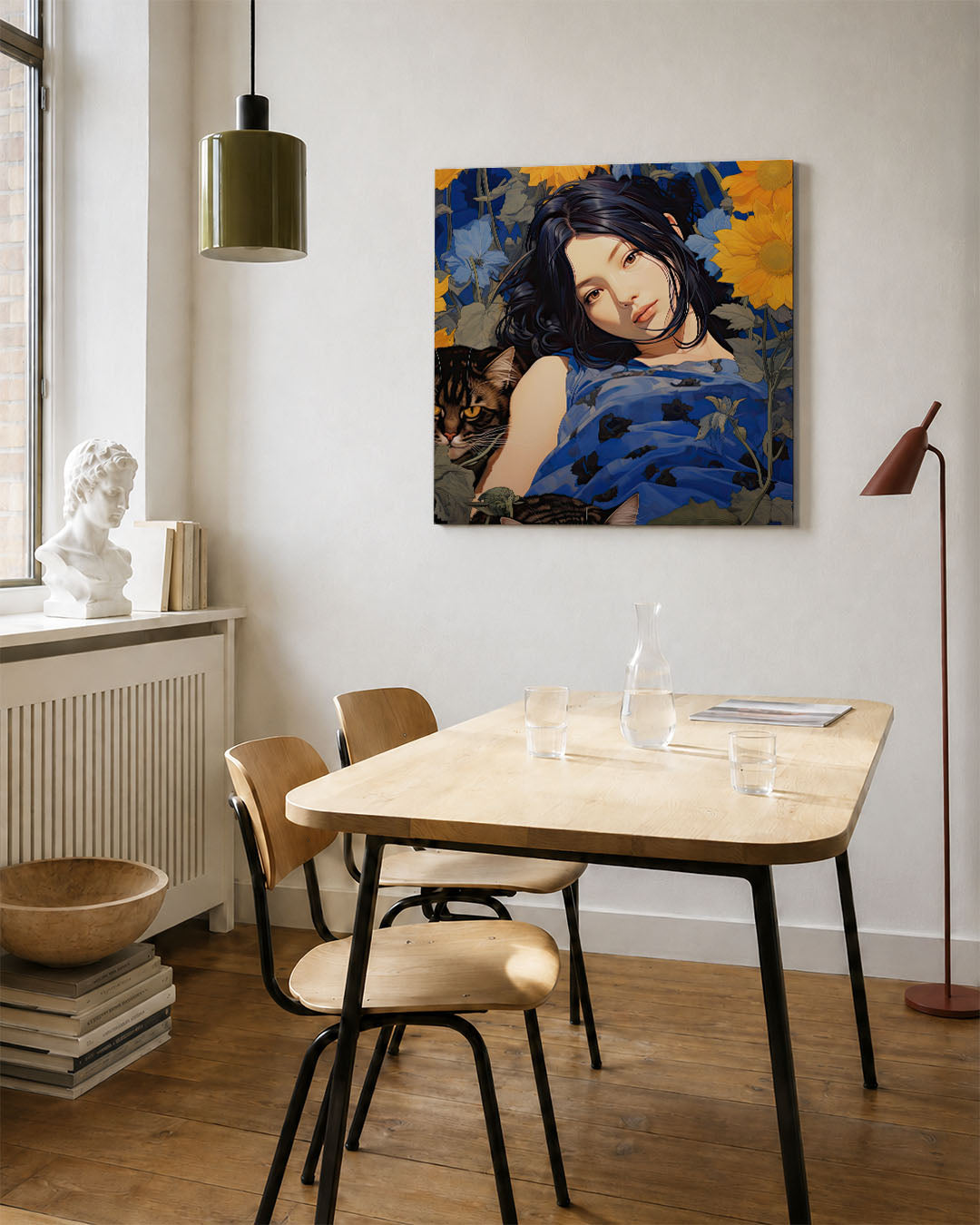 Dromerige bloemenportret kunstwerk – vierkante wanddecoratie – dit werk toont een compositie van een vrouw omringd door