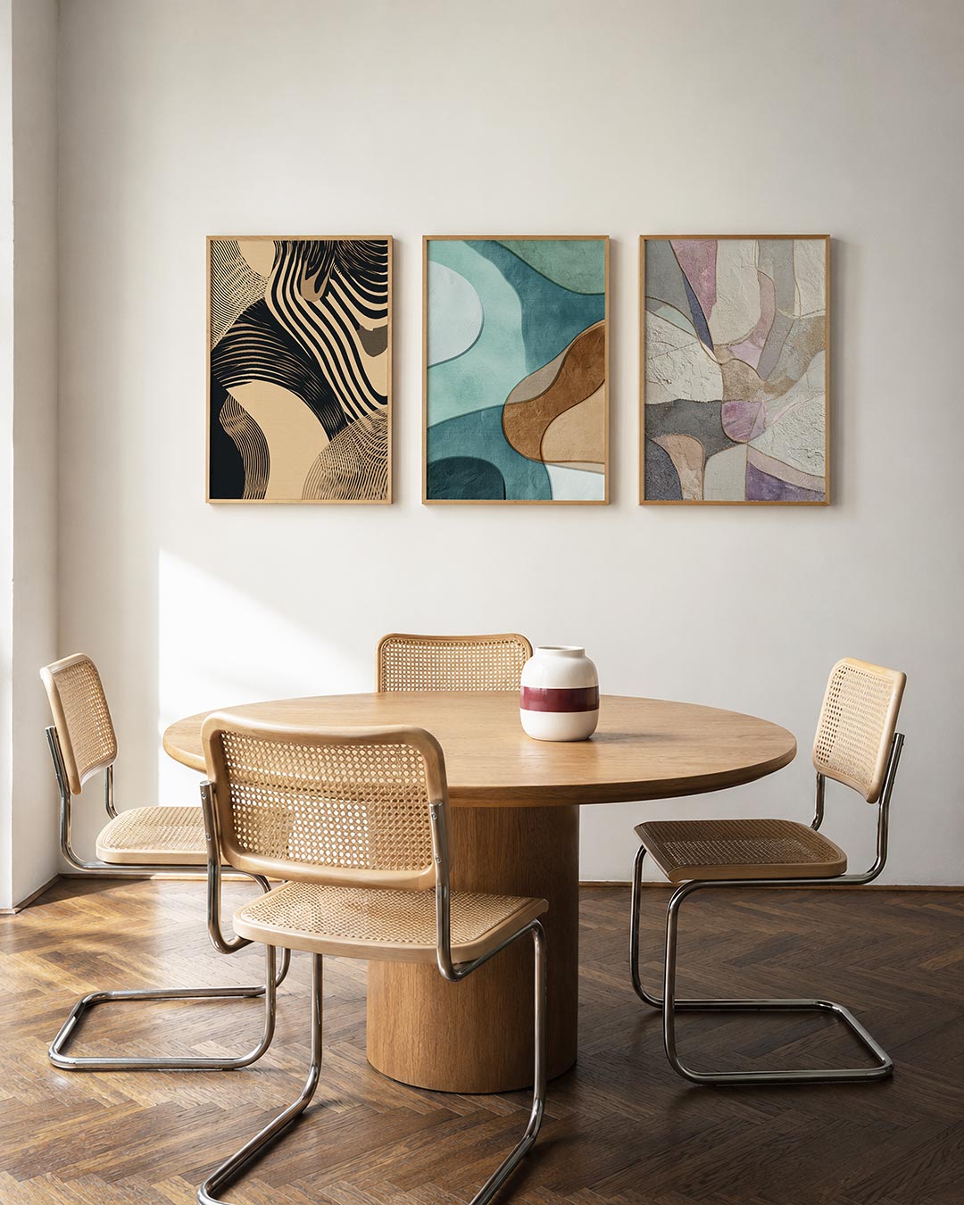 Golvend lijnenspel driedelige posterset in interieur