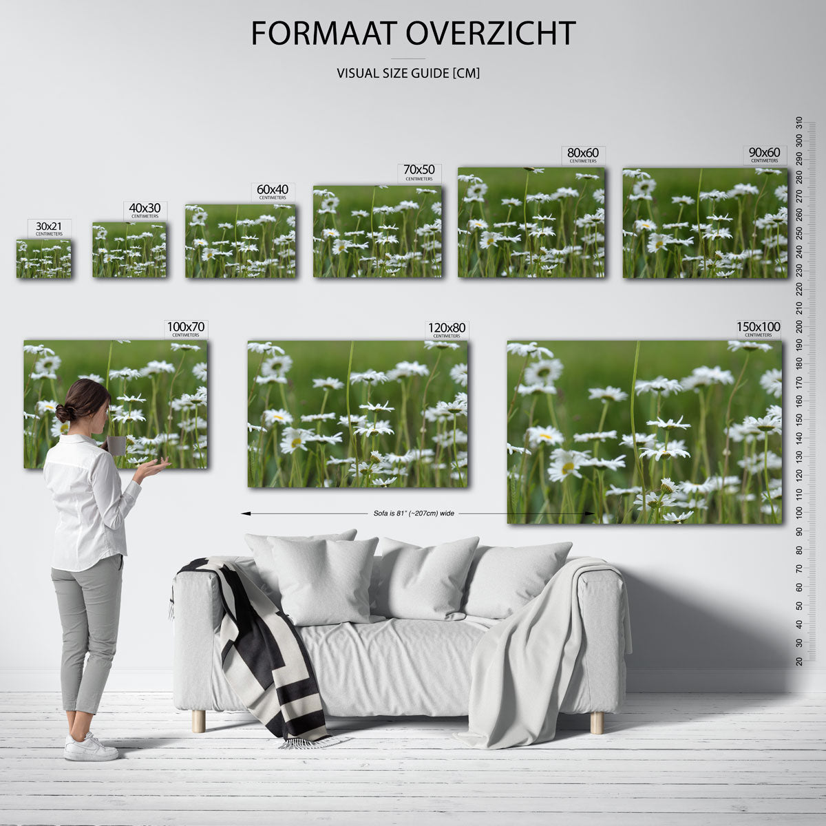 Bloemenveld poster – sfeerbeeld – deze poster toont een veld vol witte bloemen met groene stelen tegen een wazige groene