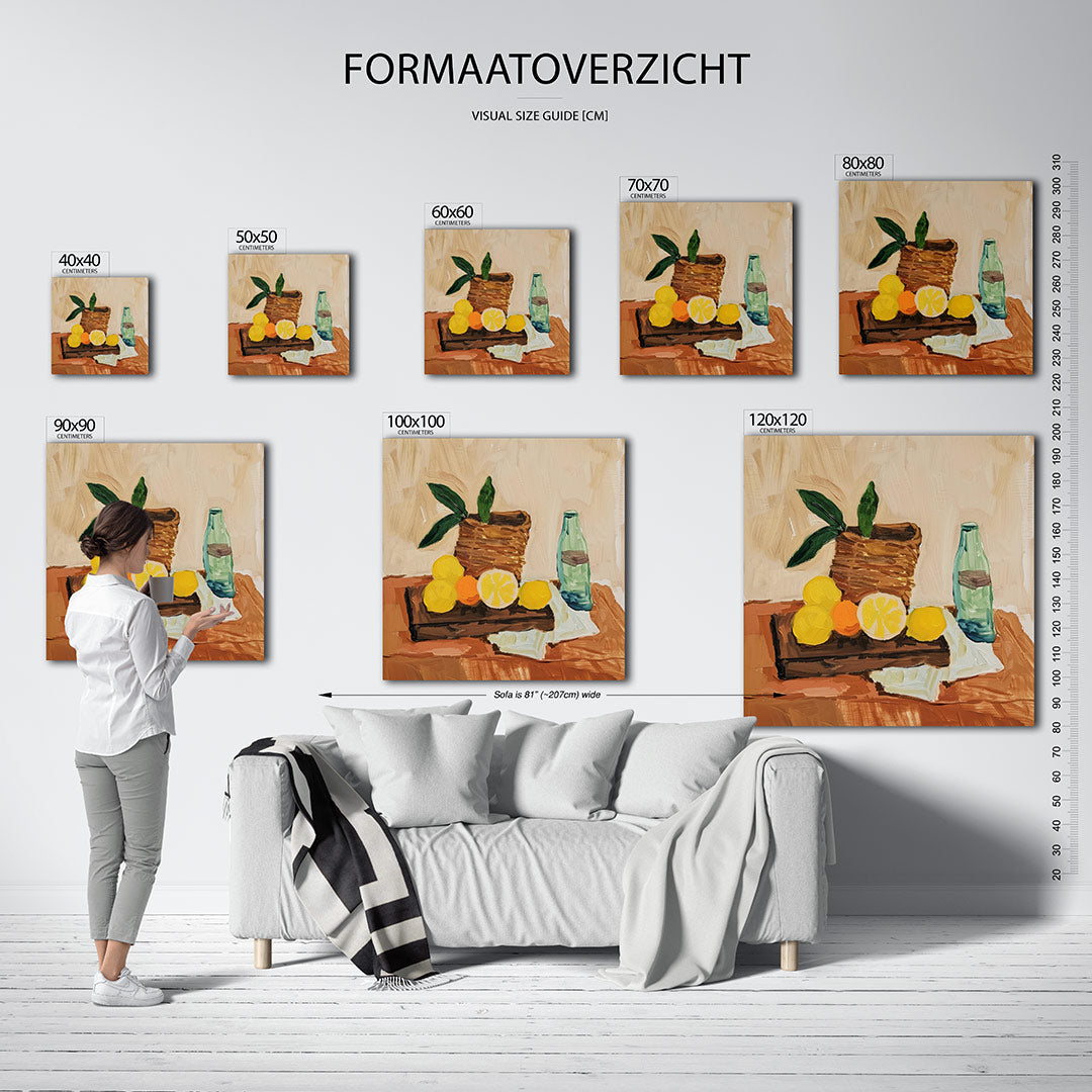 Fruit en fles compositie kunstwerk – materiaalweergave – dit werk toont een tafel met fruit, een fles en een mand. De kleuren
