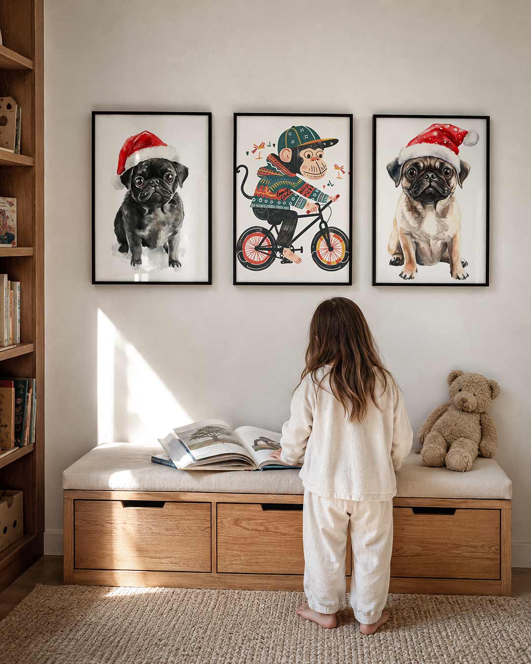 Kerstige vrolijkheid posterset – derde productweergave – een schattige zwarte hond met een rode kerstmuts op een