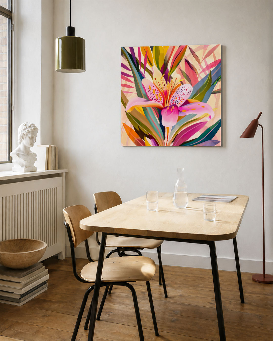 Kleurrijke bloemvormen kunstwerk – vierkante wanddecoratie – dit werk toont een levendige compositie van overlappende