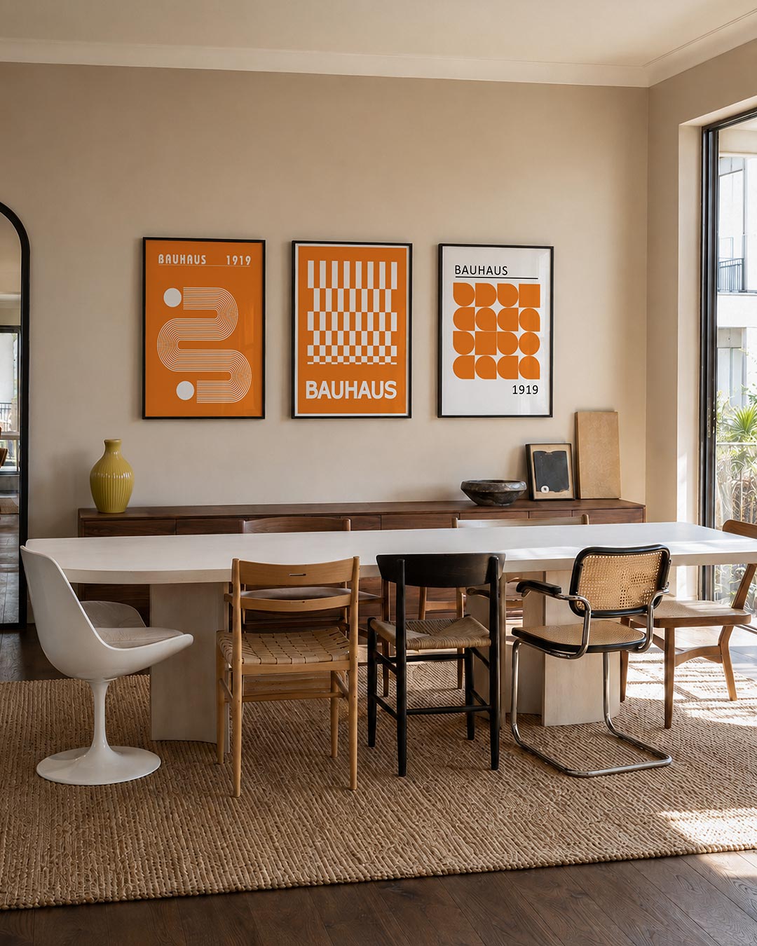 Lijnen en kleurvlakken posterset – tweede productweergave – deze posterset in drie delen toont een levendig spel van oranje