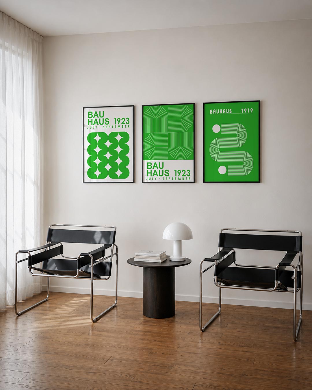 Groene vormritme posterset – tweede productweergave – deze posterset in drie delen toont een levendig spel van groene, halve