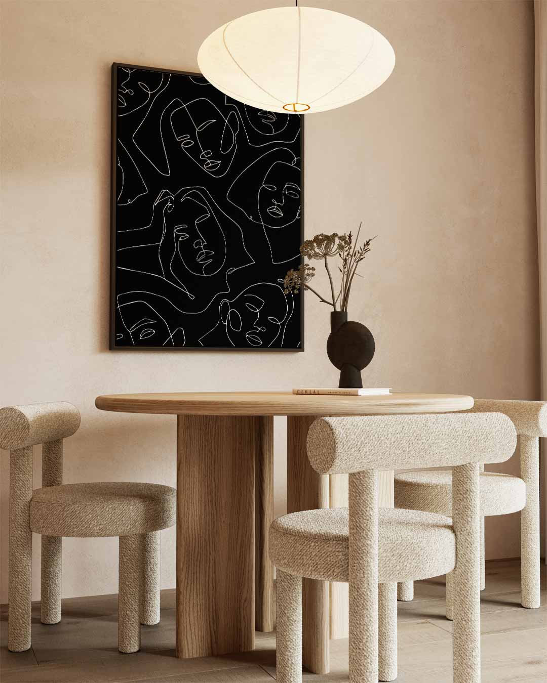Lijngezichten op zwart – dibond wanddecoratie in staand formaat