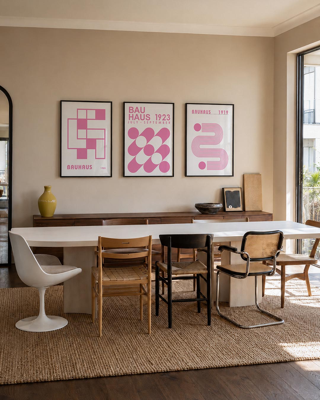 Vorm en kleur driedelige posterset – deze posterset in drie delen toont een speelse combinatie van roze en wit. Rechte lijnen