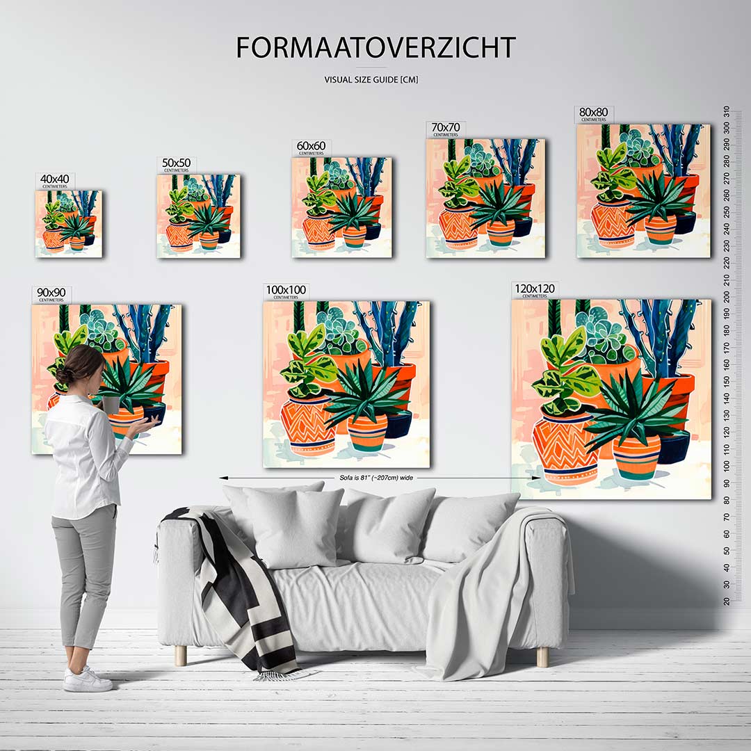 Levendige plantencompositie kunstwerk – sfeerbeeld – dit werk toont een verzameling kleurrijke planten in potten. De