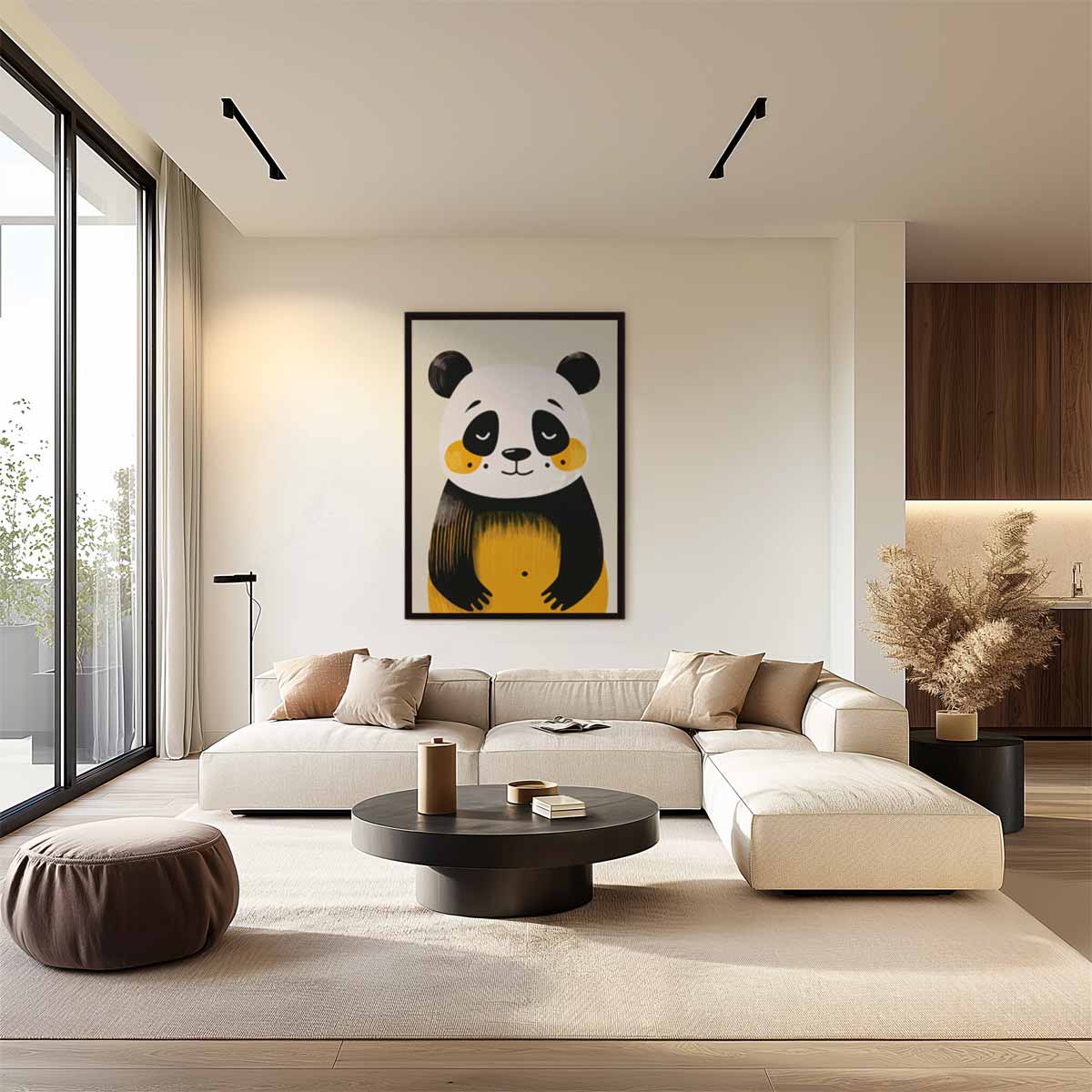 Vrolijke Panda Print – kunstwerk met zwarte baklijst